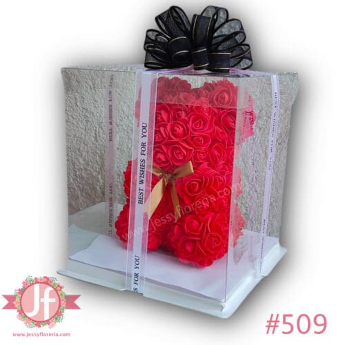 509-Caja con oso de rosas rojas artificiales