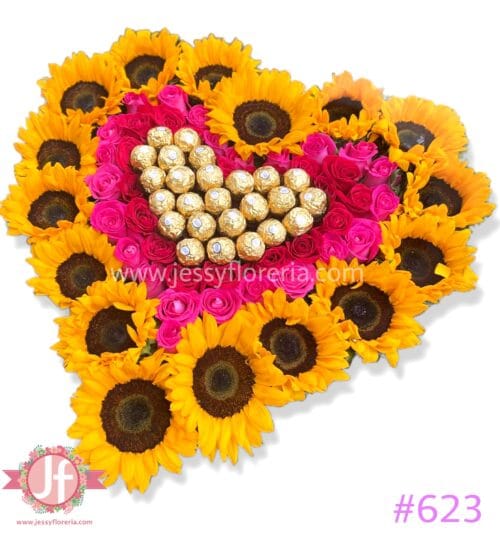 623 corazón girasoles, rosas y ferreros