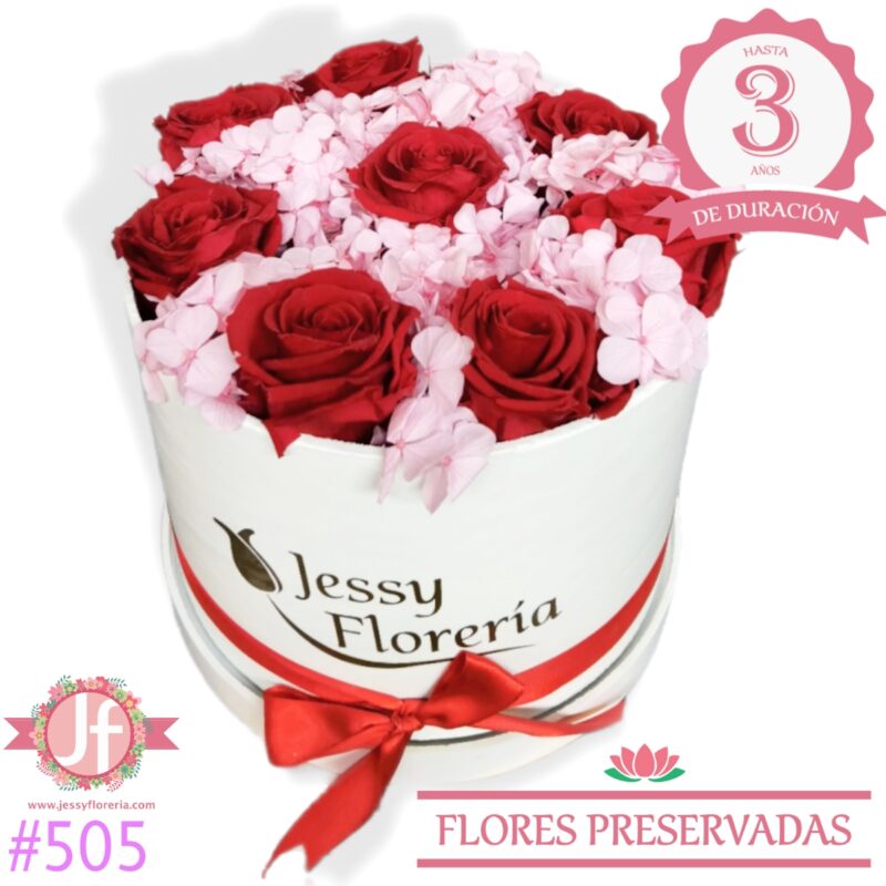 Caja 8 rosas rojas y hortensia – Jessy Floreria