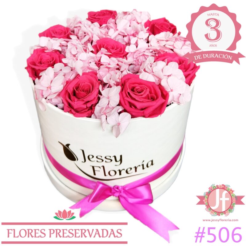 Caja 8 rosas rositas y hortensia. – Jessy Floreria
