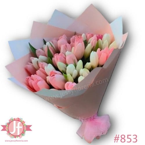 853 Bouquet 50 tulipanes rosas y blancos